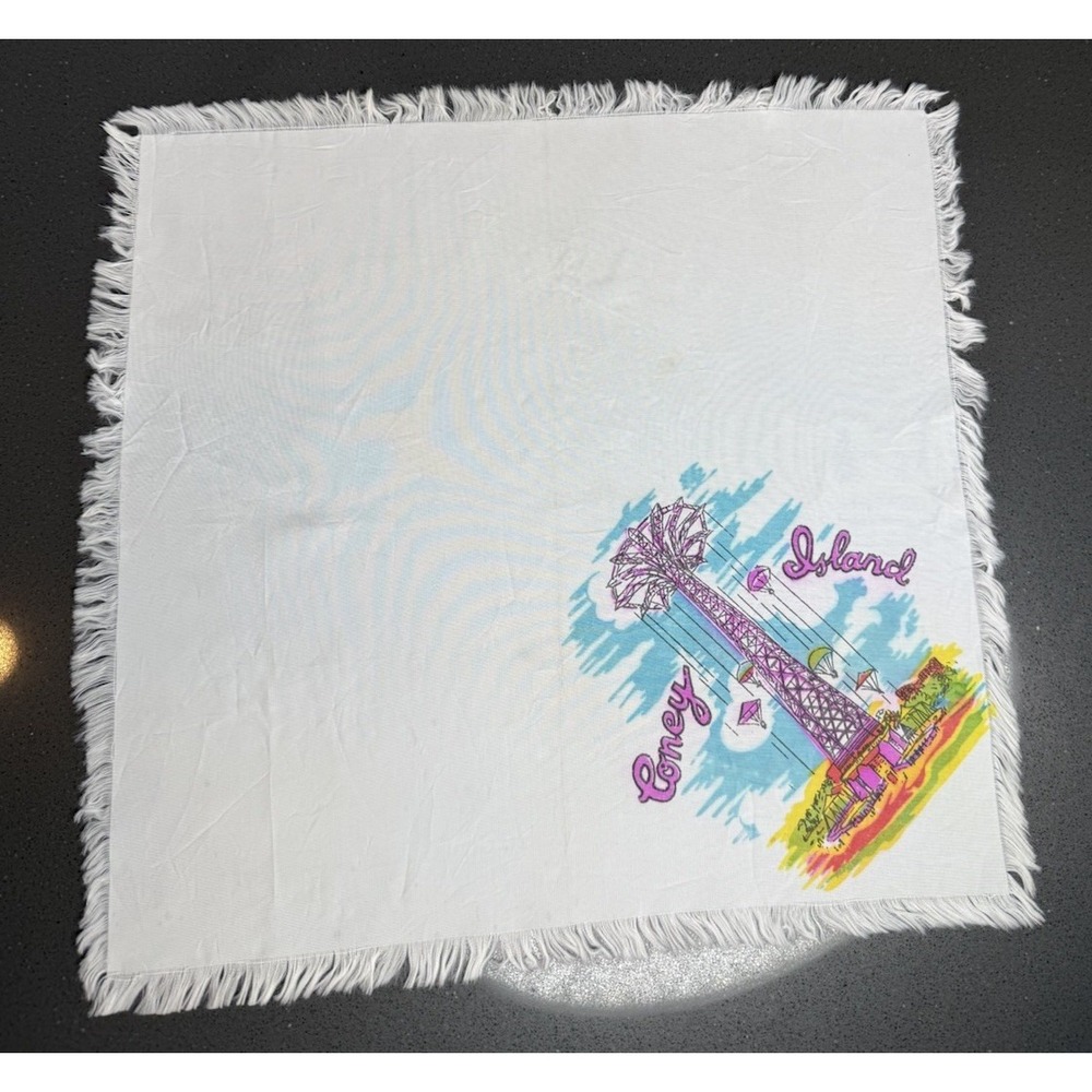 Vintage Coney Island Parachute Jump Silk Handkerchief Fringed Souvenir 12x12